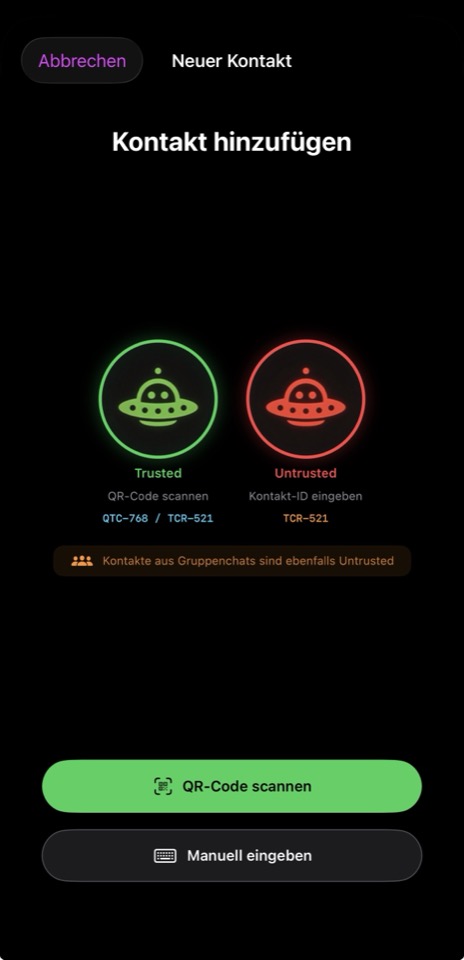 UfoooNetiX MSG – Kontakt hinzufügen: Trusted via QR-Code oder Untrusted via Kontakt-ID